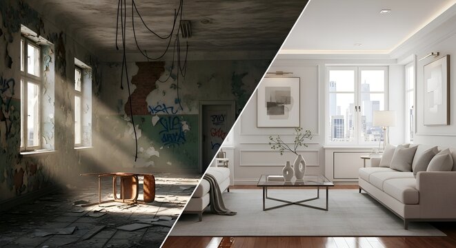 Contrast: Dilapidated Room vs. Modern Living Room, Before-After Concept