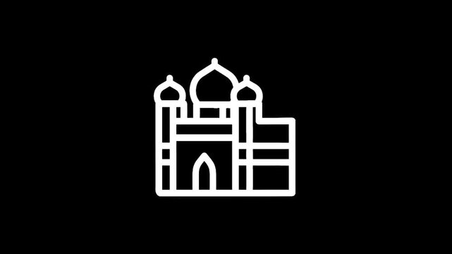 Stylized white outline of a mosque with domes and minarets on a black background