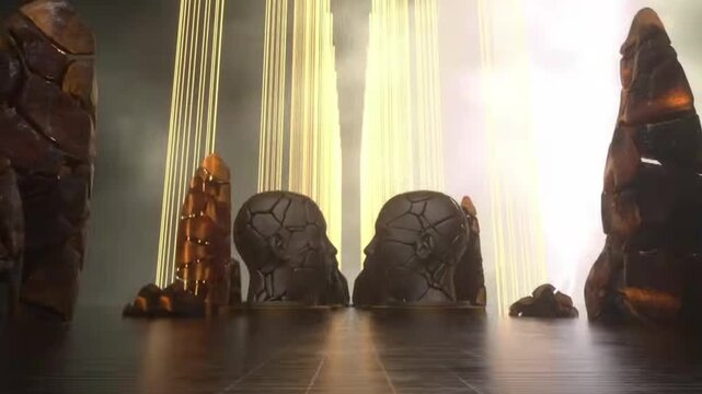 Mysterious 3D animation of ancient stone monoliths in a mystical cave setting, a captivating 3D video experience, vj loop, abstract visuals with golden light beams, 3d animation, 3d video, vj, abstrac