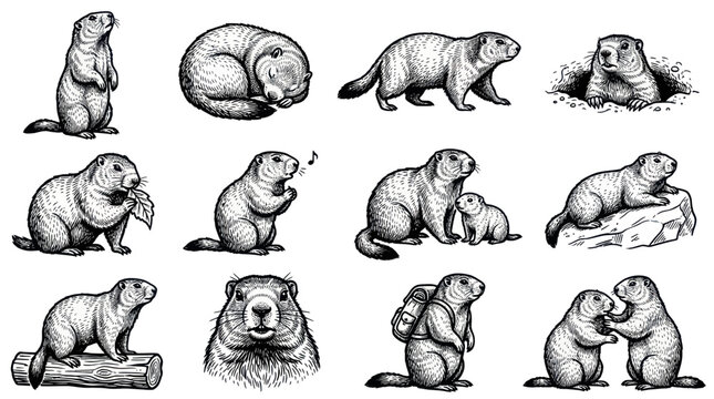Collection of Groundhog Illustrations in Various Poses.