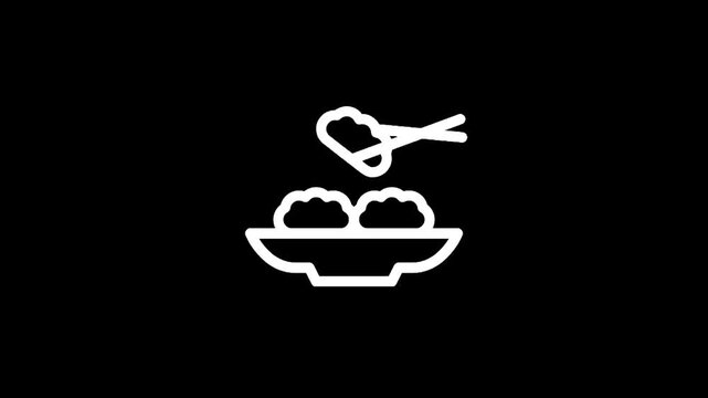 Simple line art icon of dumplings being picked up with chopsticks from a bowl