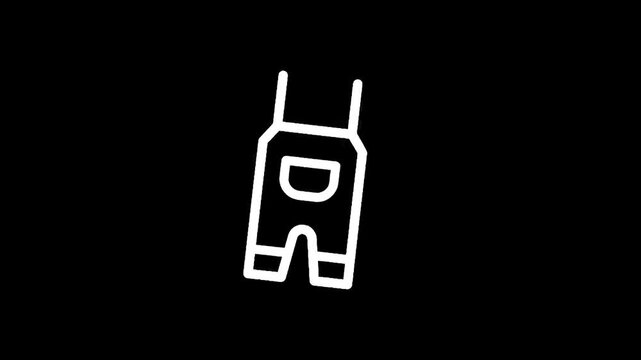 Simple white outline icon of overalls on a black background, minimalist design