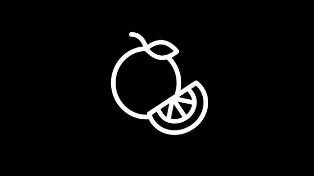 Simple white line art icon of an orange with a slice on a black background