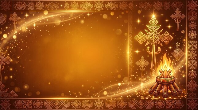 Meskel wallpaper background, warm amber and gold gradient, luminous festive light effects, refined traditional decorative motifs