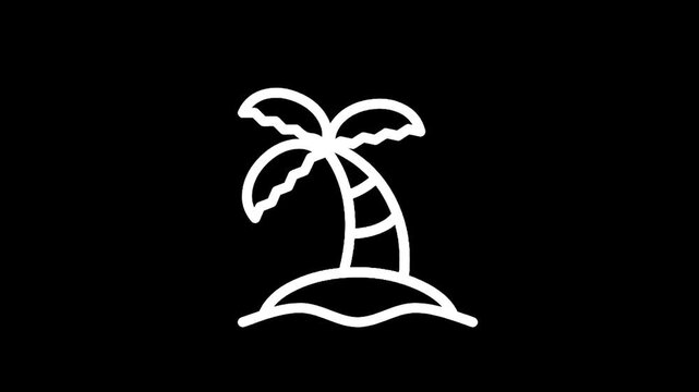 Simple line drawing of a palm tree on a small island with waves and dots in the background
