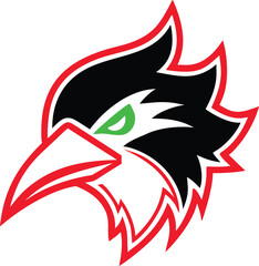 Obraz premium Sharp black and red stylized bird head logo in profile with a striking green eye, perfect for sports branding