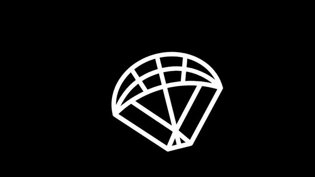 Minimalist white parachute icon on a stark black background, representing adventure and descent