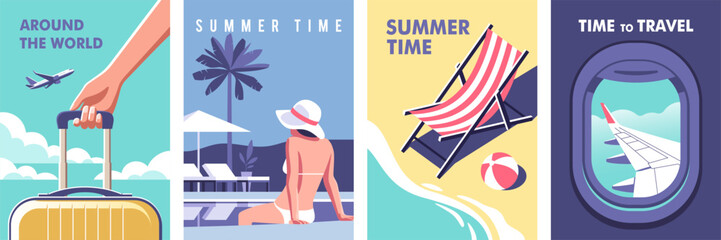 Obraz premium Concept of summer party, vacation and travel. Perfect background on the theme of season vacation, weekend, beach. Vector illustration in minimalistic style for posters, cover art, flyer.