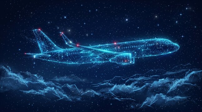 Futuristic digital airplane made of glowing blue particles flying through abstract data cloud representing modern aviation and global transport science fiction travel industry airplane