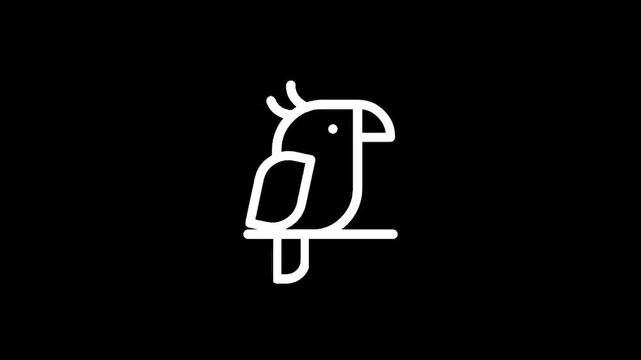 Minimalist white parrot icon on a black background, simple line art illustration