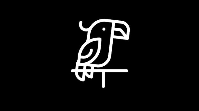 Minimalist white parrot icon on a black background, simple line art illustration