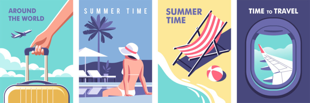 Concept of summer party, vacation and travel. Perfect background on the theme of season vacation, weekend, beach. Vector illustration in minimalistic style for posters, cover art, flyer.