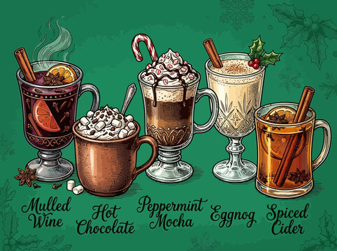 A festive collection of traditional Christmas holiday drinks including mulled wine, hot chocolate, peppermint mocha, eggnog and spiced cider.
