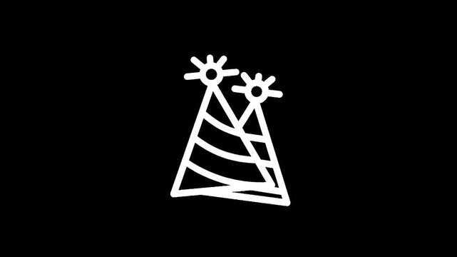 Two festive party hats with confetti, simple white line art on black background