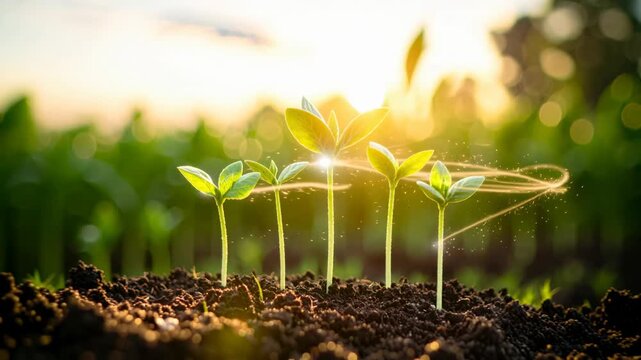 Seedling sprout plant in rich soil at sunrise with sunlight for agriculture growth and sustainability, green farm scene and glowing light trail