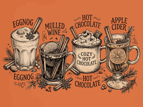 Festive holiday beverages like eggnog, mulled wine, hot chocolate, and apple cider depicted in a vintage illustration style.