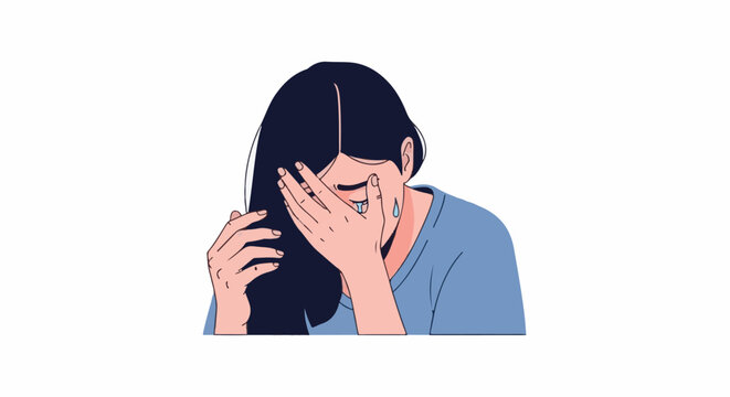 A woman with long dark hair covering her face with her hand