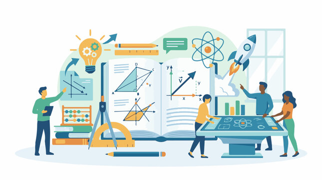 A colorful illustration of four people engaged in a collaborative learning environment surrounded by educational tools a