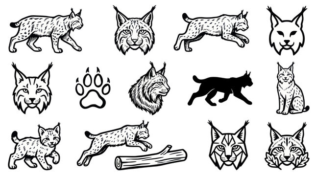 Collection of Lynx Illustrations and Icons for Wildlife Art.