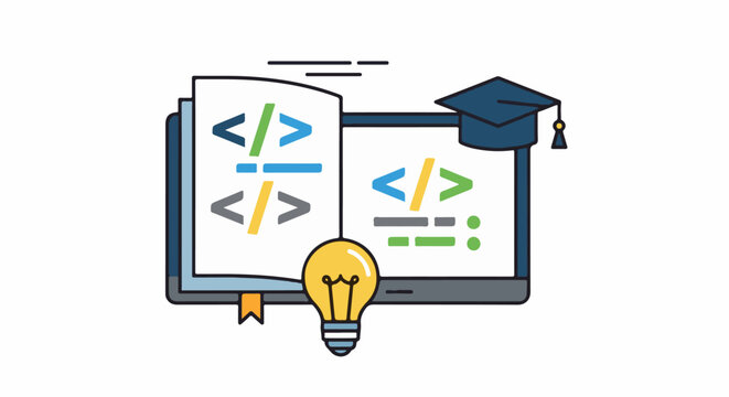 An illustration of a book with coding symbols and a graduation cap
