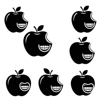 Black Apple with Bite Mark and Grinning Mouth Icon