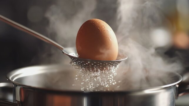 Boiling egg in steamy kitchen environment.