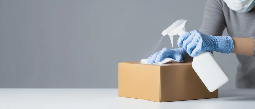Cleaning and sanitizing a cardboard package.