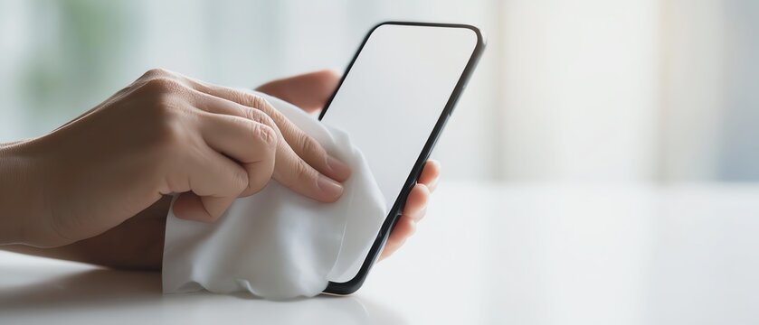 Cleaning smartphone with a cloth for hygiene.