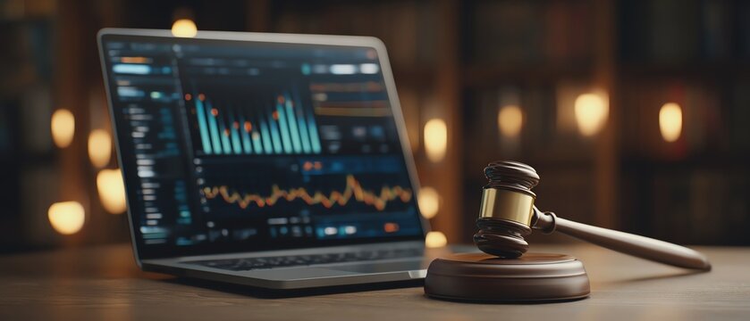Laptop and gavel for legal analysis and finance.