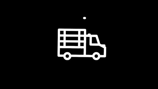 Simple line art icon of a delivery truck with a cargo box on a black background
