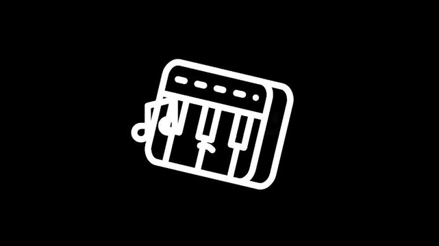Simple line art icon of a keyboard with a musical note, representing music and sound