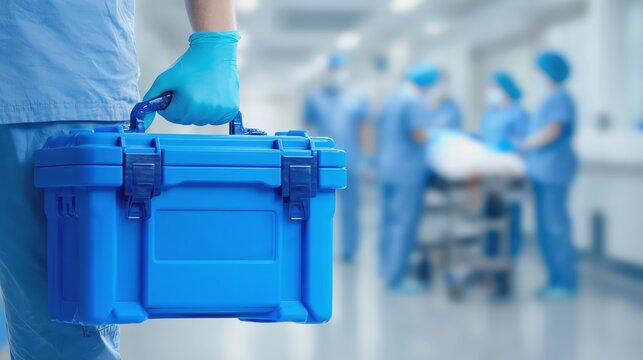 Medical professional holding a blue toolkit.