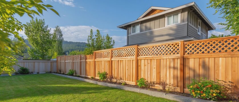 Modern home with wooden fence in serene setting.