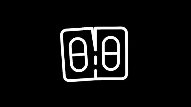 Two blister packs with pills, simple white outline icon on black background