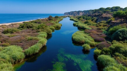 Obraz premium Tranquil River Flowing Through Lush Greenery and Coastal Landscape Under Clear Blue Sky on a Sunny Day