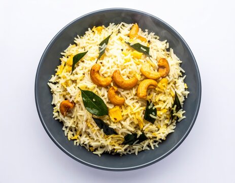 Aromatic Asafetida Ghee Rice In Slate Grey Bowl Isolated On White Background