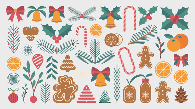 Large collection of festive Christmas elements including gingerbread cookies, holly berries, pine branches, and ornaments.
