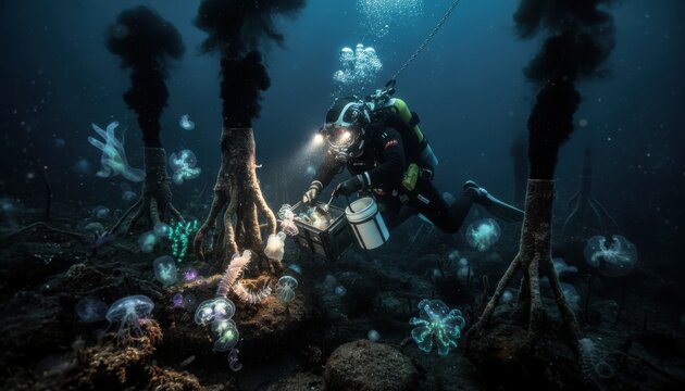 Professional deep sea research diver in an atmospheric diving suit exploring a dark ocean floor near hydrothermal vents