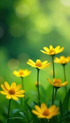 Fototapeta premium Gentle petals of yellow daisies sway in the breeze amidst lush greenery, bright sun, wildflowers, sunny day