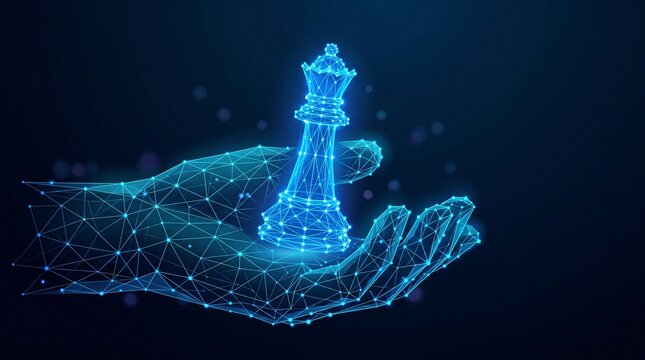Human hand holding chess queen piece digital strategy leadership hologram with strategy leadership hologram business competition management planning thinking technology intelligence