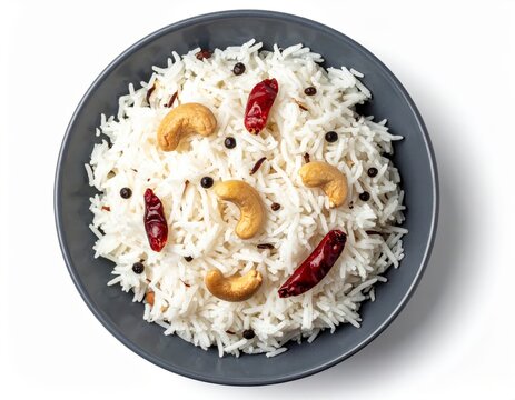 Aromatic Coconut Rice In Slate Grey Bowl Isolated On White Background