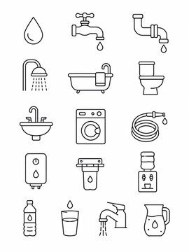 Set of black and white line icons representing various water and home plumbing