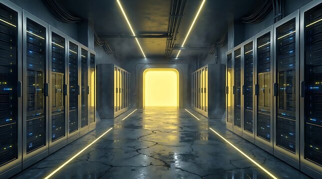 Futuristic server room with illuminated corridor and data storage cabinets