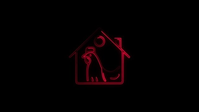 Red neon glowing chicken in house logo animation on black background