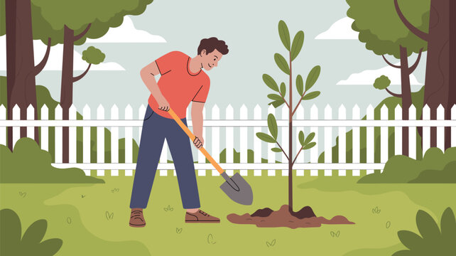 Young man using a metal shovel to plant a new green sapling in his backyard garden on a bright and sunny afternoon.