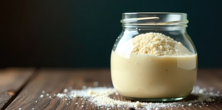 Glass jar filled with bubbling dough leaven for preparing yeast bread, fermentation, bread, kitchen
