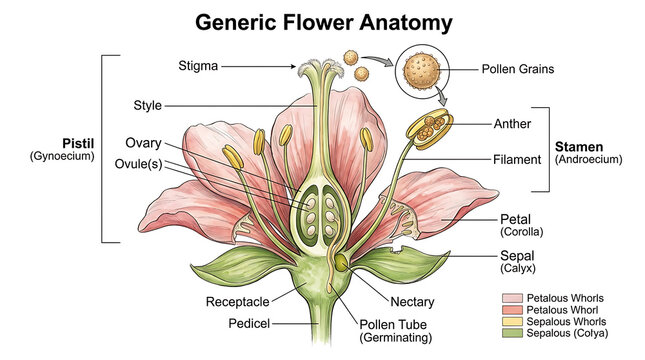 Detailed illustration of a flower's anatomy showcasing its various parts and functions in a botanical diagram.