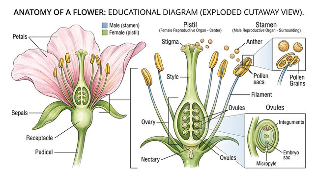 Detailed educational diagram showing the anatomy of a flower with labeled parts