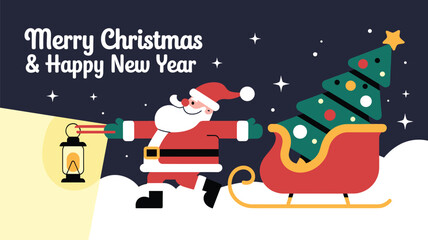 Fototapeta premium Santa Claus pulling a red sleigh carrying a decorated Christmas tree across the snowy ground on a starry winter night.