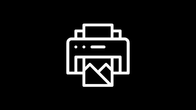 Simple line art icon of a printer outputting a paper with a mountain landscape